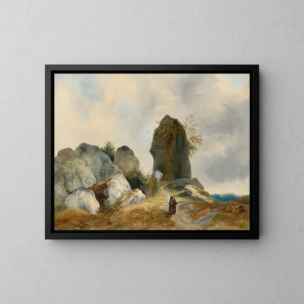 Un paesaggio roccioso con un eremita - Carl Blechen — quadro incorniciato alla parete