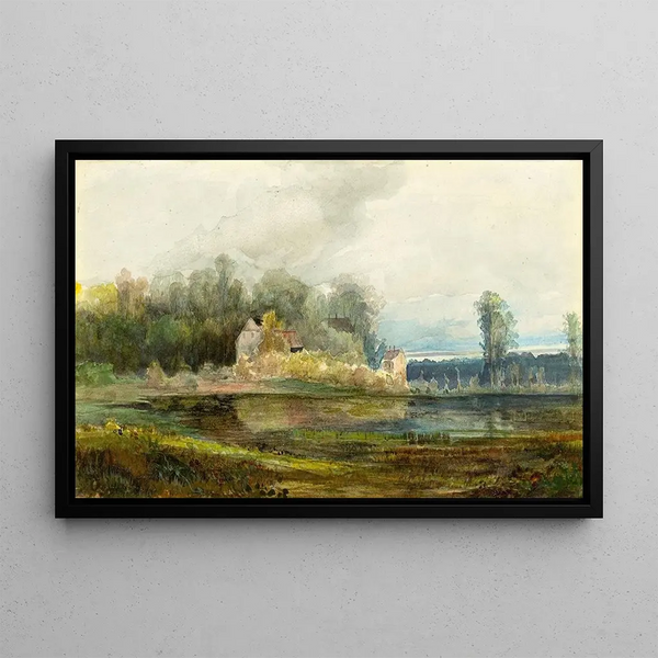 stagno con foresta e case - Carl Blechen — quadro incorniciato alla parete
