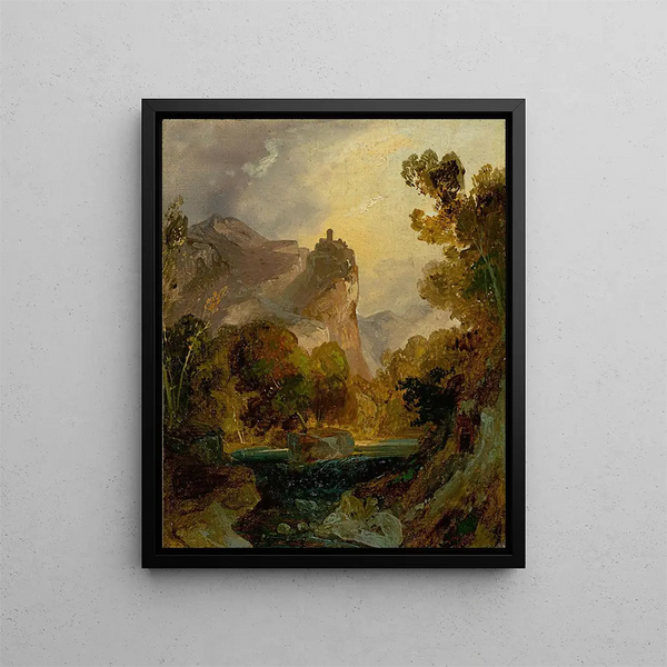 Vista di una valle fluviale tra le montagne con un castello su una scogliera alta - Carl Blechen — quadro incorniciato alla parete