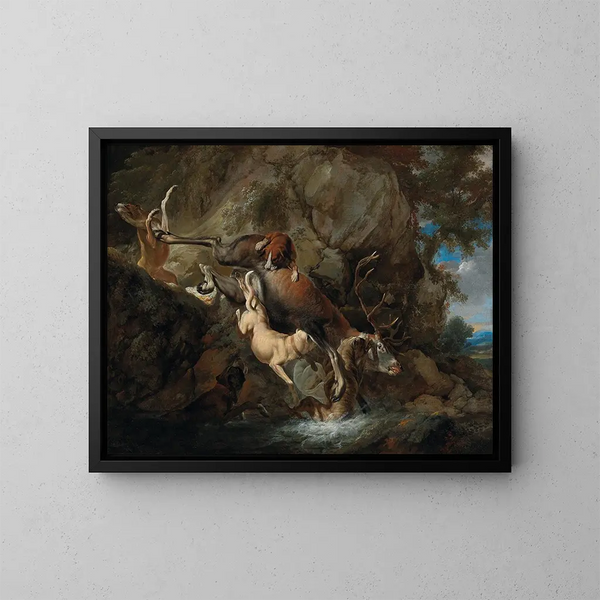 Dei cani che attaccano un cervo - Carl Borromäus Andreas Ruthart — quadro incorniciato alla parete