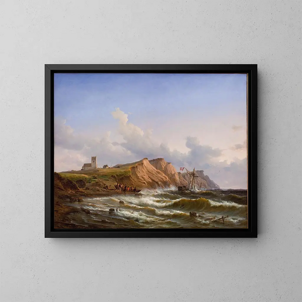 Naufragio dopo una tempesta al largo della costa occidentale dello Jutland vicino alla chiesa di Ferring - Carl Frederik Sørensen — quadro incorniciato alla parete
