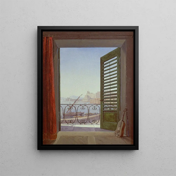 Camera con balcone e vista sulla baia di Napoli via Santa Lucia e il Castel dell'Ovo - Carl Gustav Carus — quadro incorniciato alla parete