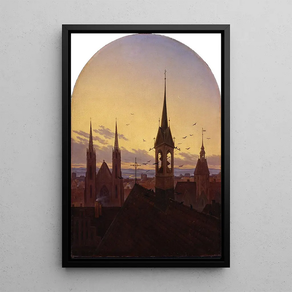 Carillon del mattino, vecchia città tedesca sotto la luce del mattino - Carl Gustav Carus — quadro incorniciato alla parete