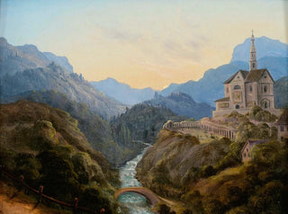 Carl Gustav Carus - Mountainous landscape with a river valley and an abbey at evening light.webp