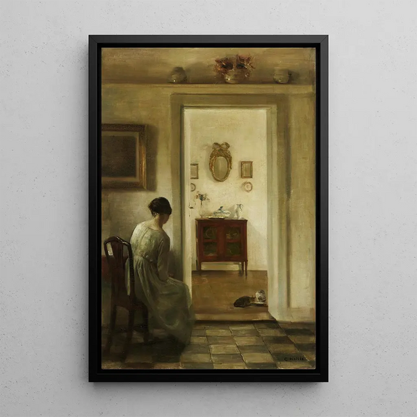 Riproduzione del dipinto Donna in un interno con due gatti che bevono latte - Carl Holse