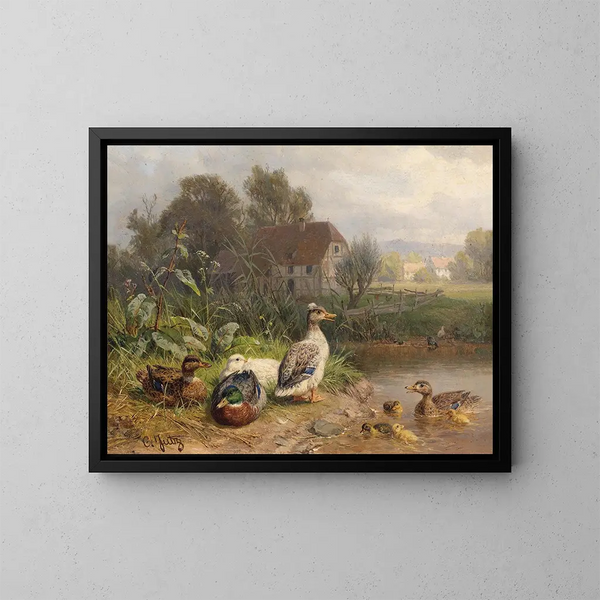 Anatre sul bordo dello stagno - Carl Jutz — quadro incorniciato alla parete