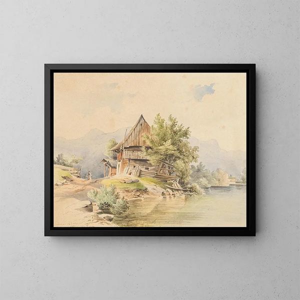 Cabane in legno al bordo del lago - Carl Lafitte — quadro incorniciato alla parete