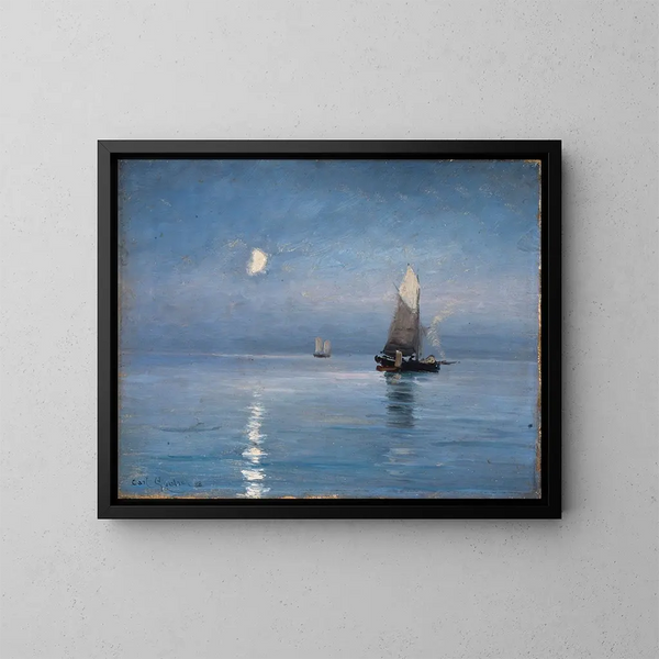 Bateaux de pêche sotto la notte illuminata dalla luna - Carl Locher — quadro incorniciato alla parete