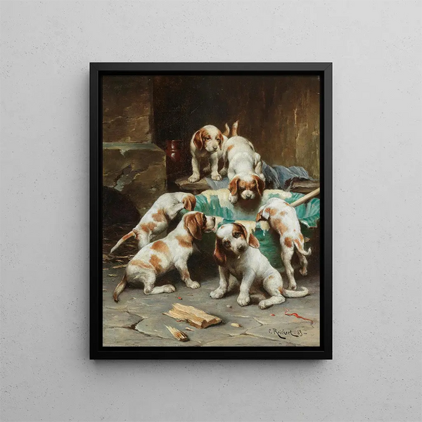 Cuccioli Beagle che si deliziano - Carl Reichert — quadro incorniciato alla parete