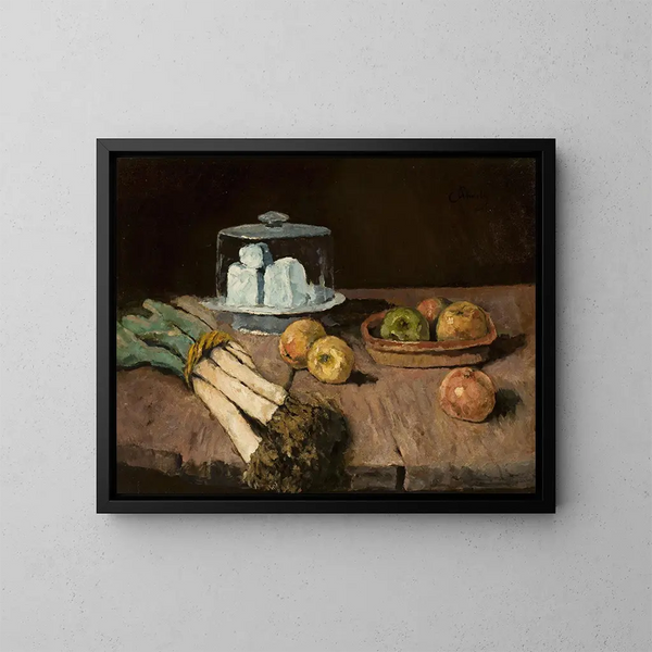 Nature morte con porri, mele e formaggio - Carl Schuch — quadro incorniciato alla parete