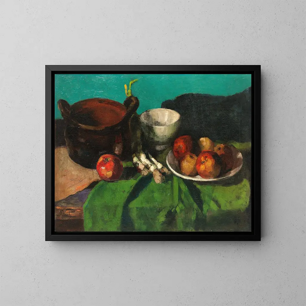Natura morta con mele e cipolle di primavera - Carl Schuch — quadro incorniciato alla parete