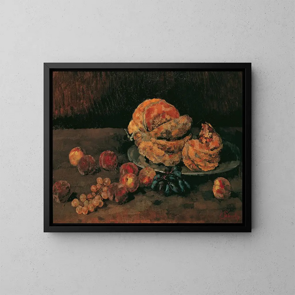 Natura morta con zucca, pesca e uva - Carl Schuch — quadro incorniciato alla parete