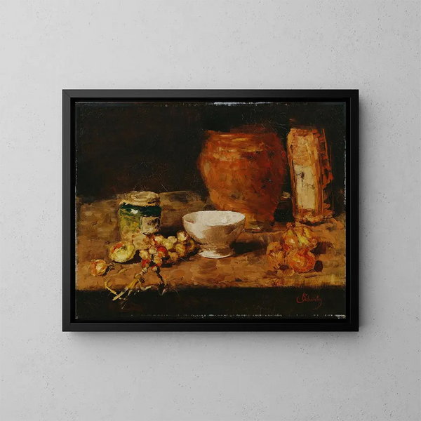 Natura morta con un piatto bianco - Carl Schuch — quadro incorniciato alla parete