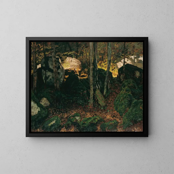 Interno della foresta vicino al Saut du Doubs - Carl Schuch — quadro incorniciato alla parete