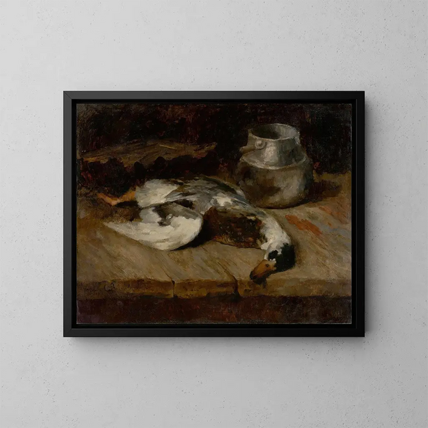Cigno selvatico e scatola di latta - Carl Schuch — quadro incorniciato alla parete
