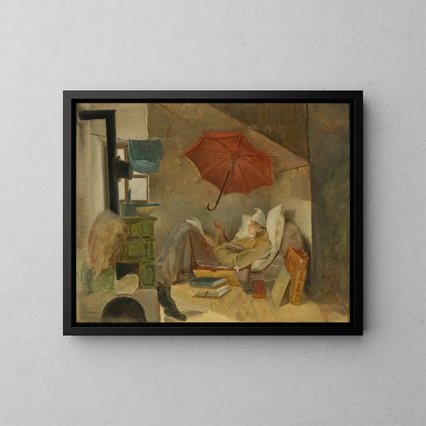Il povero poeta - Carl Spitzweg — quadro incorniciato alla parete