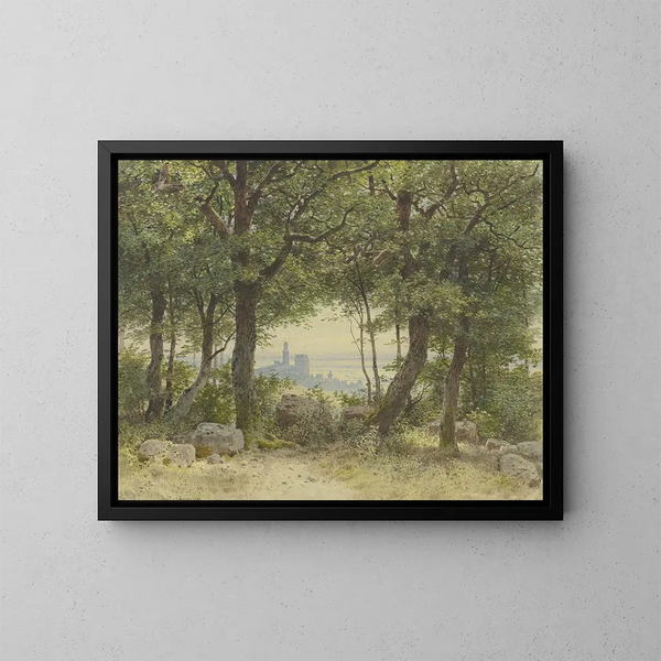 Vista di Kronberg con un ampio panorama verso l'orizzonte dalla uscita della foresta di Falkenstein - Carl Theodor Reiffenstein — quadro incorniciato alla parete