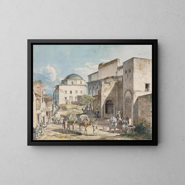 Partenza ad Atene con il palazzo di Hadji Hazekis e la moschea Tzistarakis - Carl Wilhelm von Heideck — quadro incorniciato alla parete