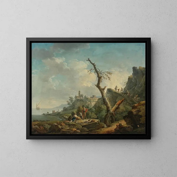 Un paesaggio fluviale con figure allungate in primo piano - Carlo Bonavia — quadro incorniciato alla parete