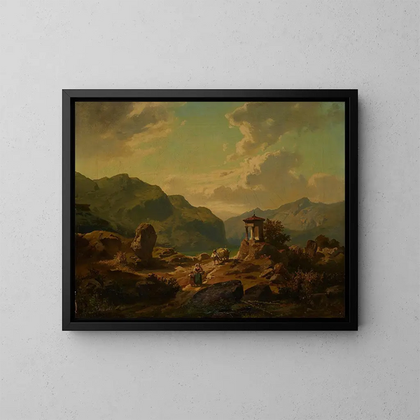 Paesaggio montano con lago - Carlo Brioschi — quadro incorniciato alla parete