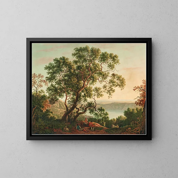 Il lago Nemi al crepuscolo con figure e un gregge di capre che si riposano in primo piano - Carlo Labruzzi — quadro incorniciato alla parete