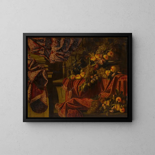 Carlo Manieri - Still life of fruit set on a ledge draped with brocade.webp