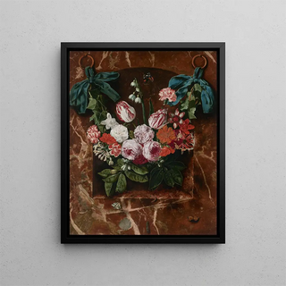 Carstian Luyckx - A garland of tulips roses lilies of the valley and other flowers suspended from blue ribbons before a marble alcove with butterflies and caterpillars.webp
