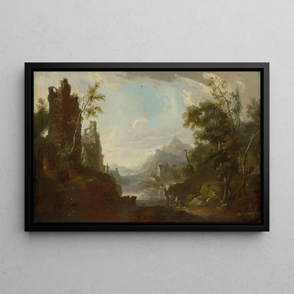 Rovina di un castello vicino a un lago con pescatori - Caspar Wolf — quadro incorniciato alla parete