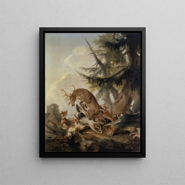Cervo attaccato da una muta di cani - Caspar Wolf — quadro incorniciato alla parete