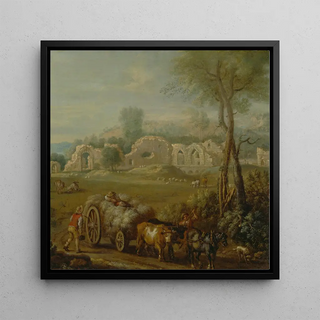 Chariot de foin passant devant une abbaye en ruine - John Wootton