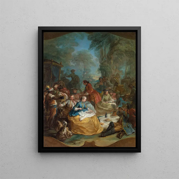 Fermata della caccia - Charles André van Loo — quadro incorniciato alla parete