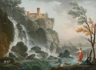CharlesFranois Grenier De Lacroix - Fishing At The Edge Of A River With A Waterfall Below A Castle.webp