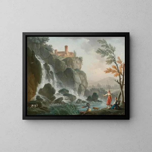 Pesca al fiume con una cascata sotto un castello - Charles-François Grenier de Lacroix — quadro incorniciato alla parete