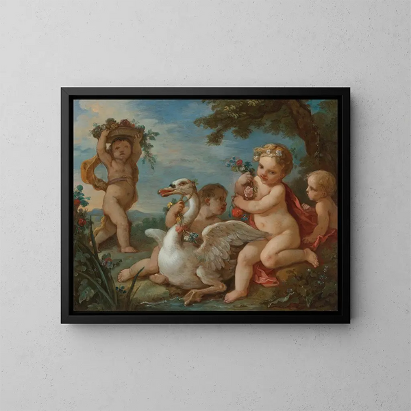 Putti ornanti un cigno con una ghirlanda di fiori - Charles-Joseph Natoire — quadro incorniciato alla parete