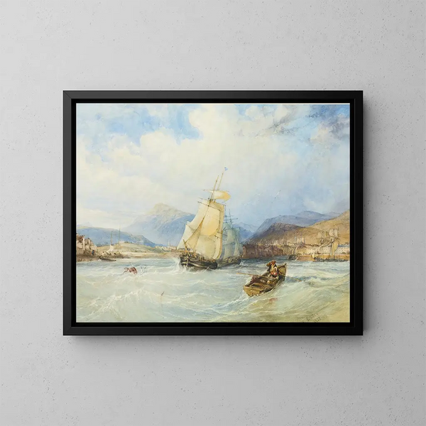 Bateaux au large d'une ville dans un paysage montagneux - Charles Bentley — quadro incorniciato alla parete