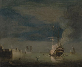 Charles Brooking - A TwoDecker on Fire at Night off a Fort.webp