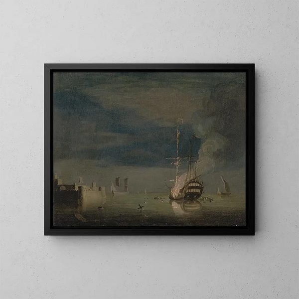 Una barca a due ponti in fiamme di notte vicino a un forte - Charles Brooking — quadro incorniciato alla parete
