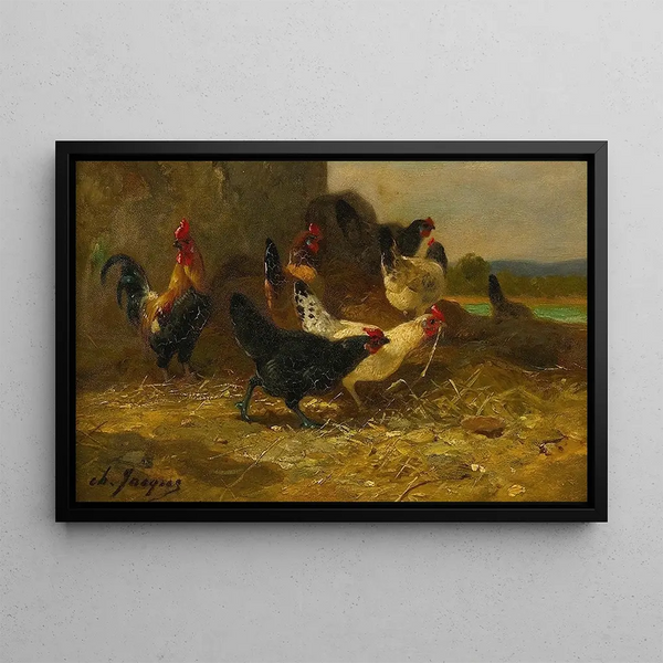 Polli e galli - Charles Émile Jacque — quadro incorniciato alla parete