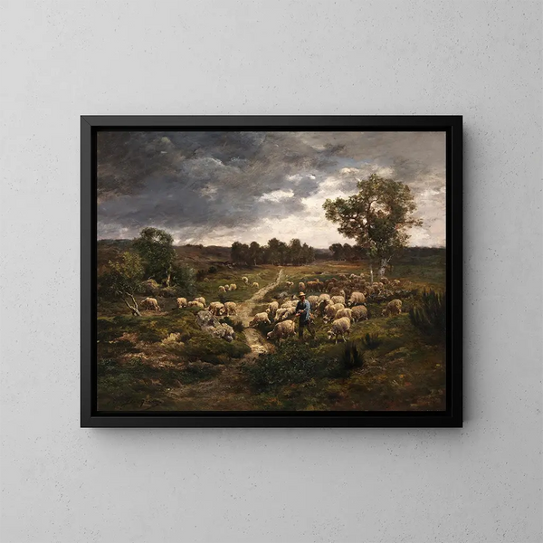 Pecore e galline in una stalla - Charles Émile Jacque — quadro incorniciato alla parete