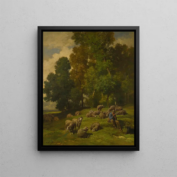 di un pastore con il suo gregge in un campo - Charles Émile Jacque — quadro incorniciato alla parete