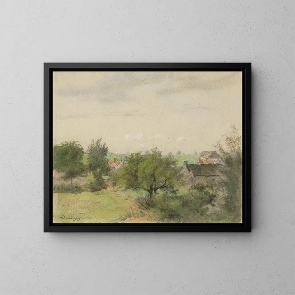 Paesaggio con case tra gli alberi - Charles François Daubigny — quadro incorniciato alla parete
