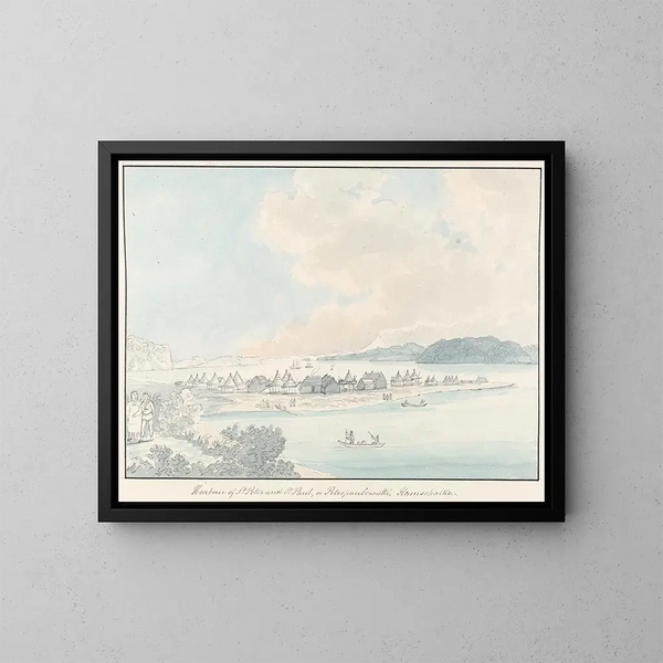 Vista della città e del porto di Saint-Pierre e Saint-Paul in Kamchatka - Charles Hamilton Smith — quadro incorniciato alla parete