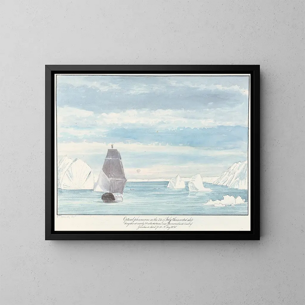 Fenomeno ottico di una nave invertita all'orizzonte vicino alla costa di Jameson Land in Groenlandia - Charles Hamilton Smith — quadro incorniciato alla parete