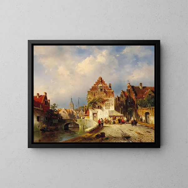 Una scena di villaggio con un ponte - Charles Leickert — quadro incorniciato alla parete