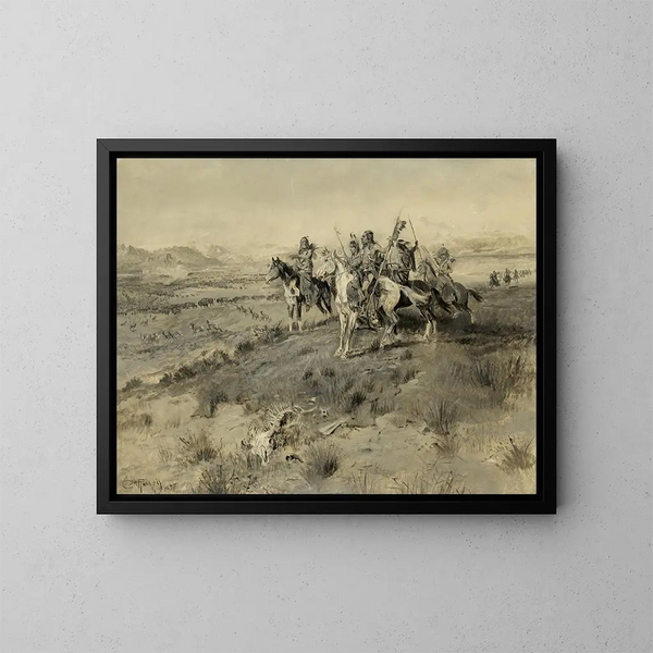 Avant l'arrivée de l'homme blanc, chasse indiana - Charles Marion Russell — quadro incorniciato alla parete