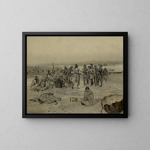 Incontro di Lewis e Clark con i Mandan - Charles Marion Russell — quadro incorniciato alla parete