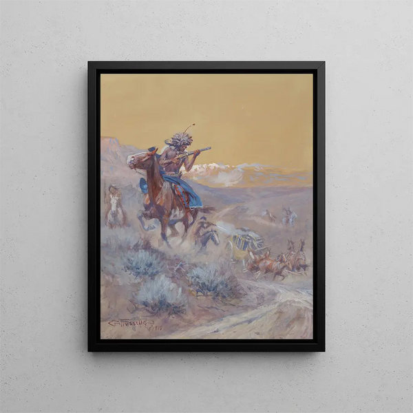 La scena davanti a noi era stata attaccata da degli Indiani e data alle fiamme. Attacco indiano - Charles Marion Russell — quadro incorniciato alla parete