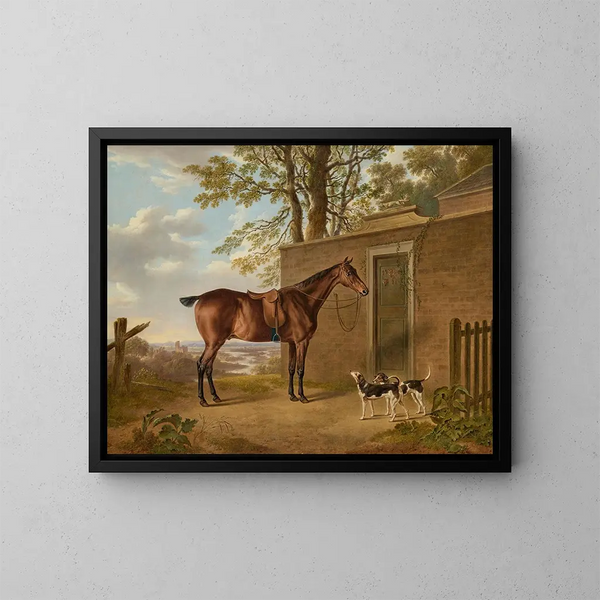 Un cavallo da caccia baio sellato con due cani davanti a una scuderia - Charles Towne — quadro incorniciato alla parete
