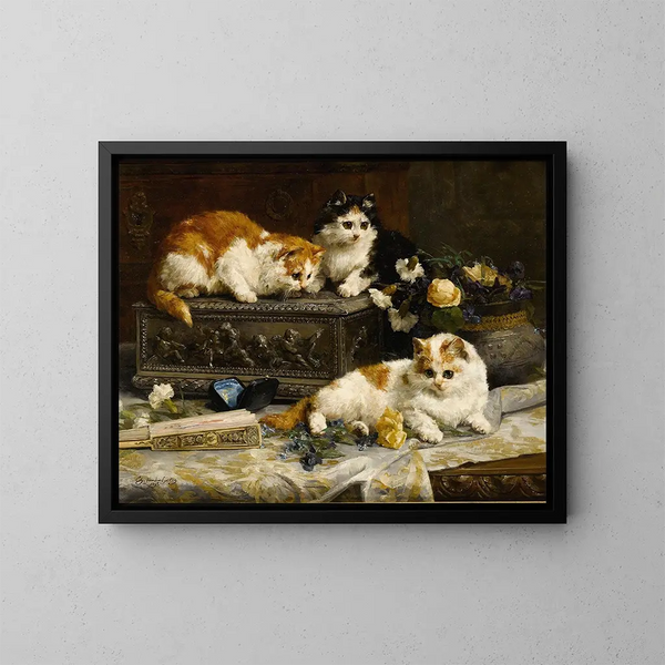 Tre gattini vigili - Charles Van Den Eycken — quadro incorniciato alla parete