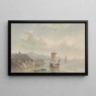 Christiaan Lodewijk Willem Dreibholtz - Kustlandschap met haven en schepen op het water.webp